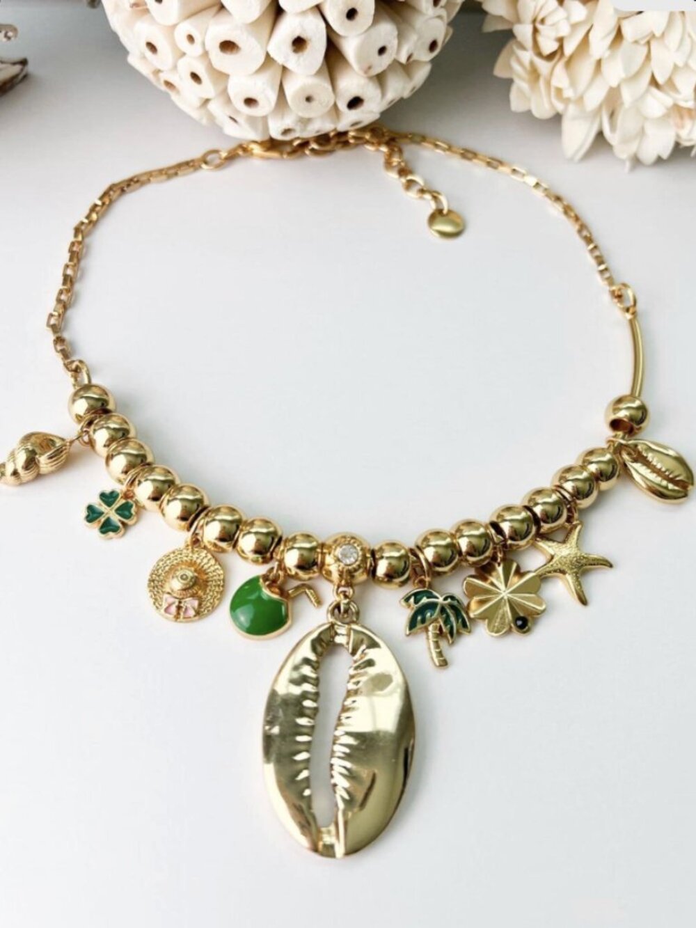 Gold Cowrie Shell Charm Necklace Coastal Beach Statement Jewelry